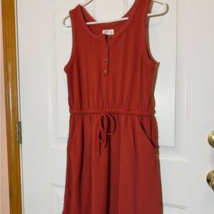 Sleeveless Henley Drawstring Midi Dress - Rust- very stretchy